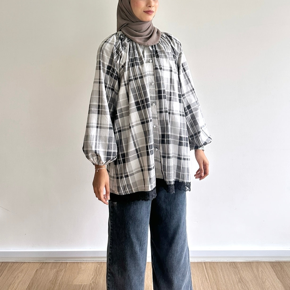 Mara Plaid Lace Hem Blouse