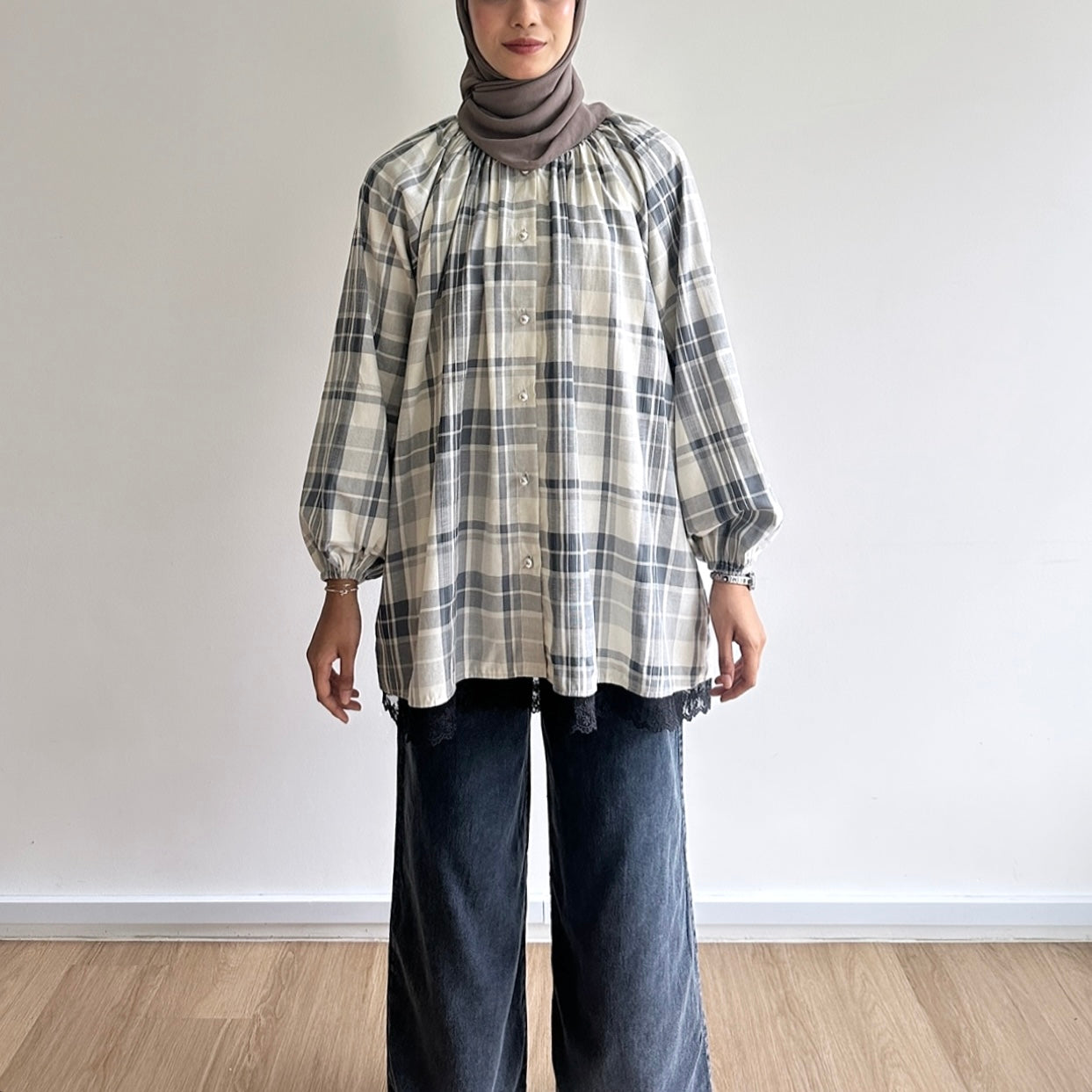 Mara Plaid Lace Hem Blouse