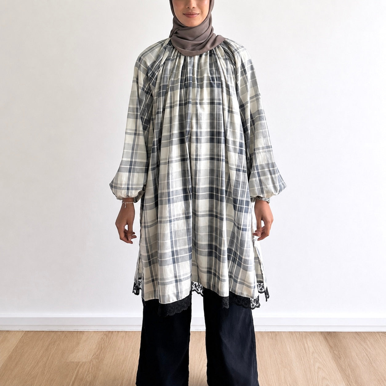 Mara Plaid Lace Hem Tunic