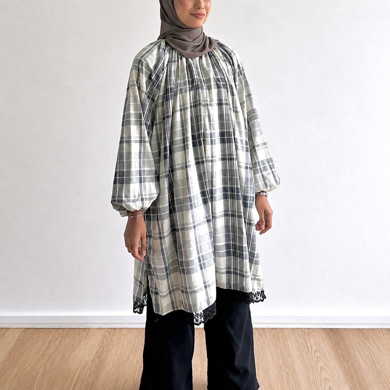 Mara Plaid Lace Hem Tunic