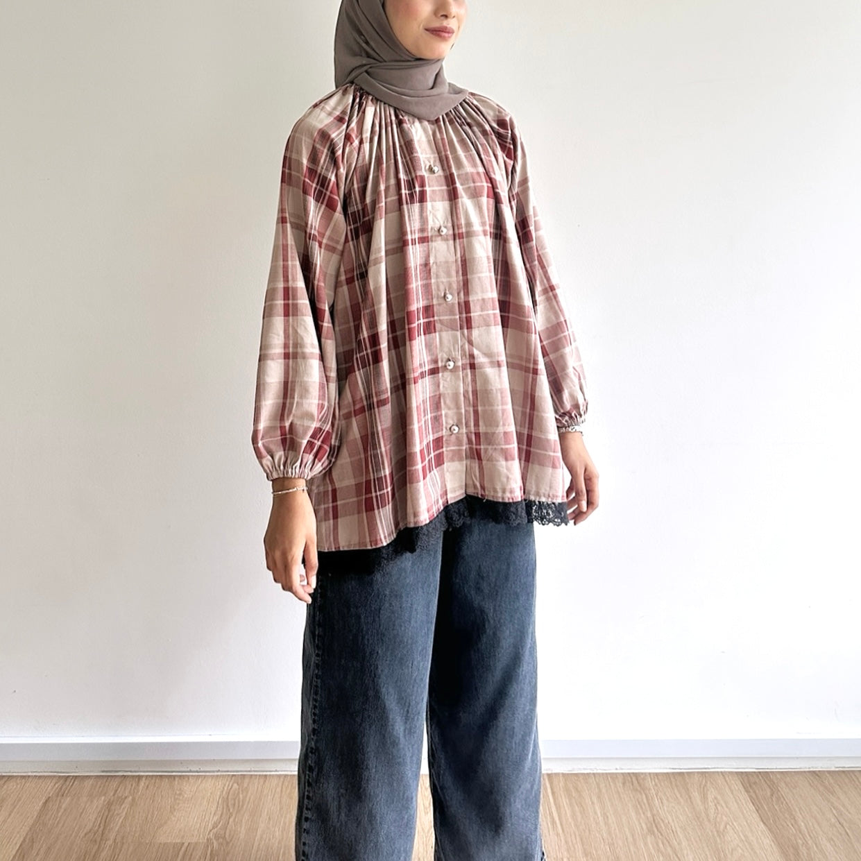 Mara Plaid Lace Hem Blouse