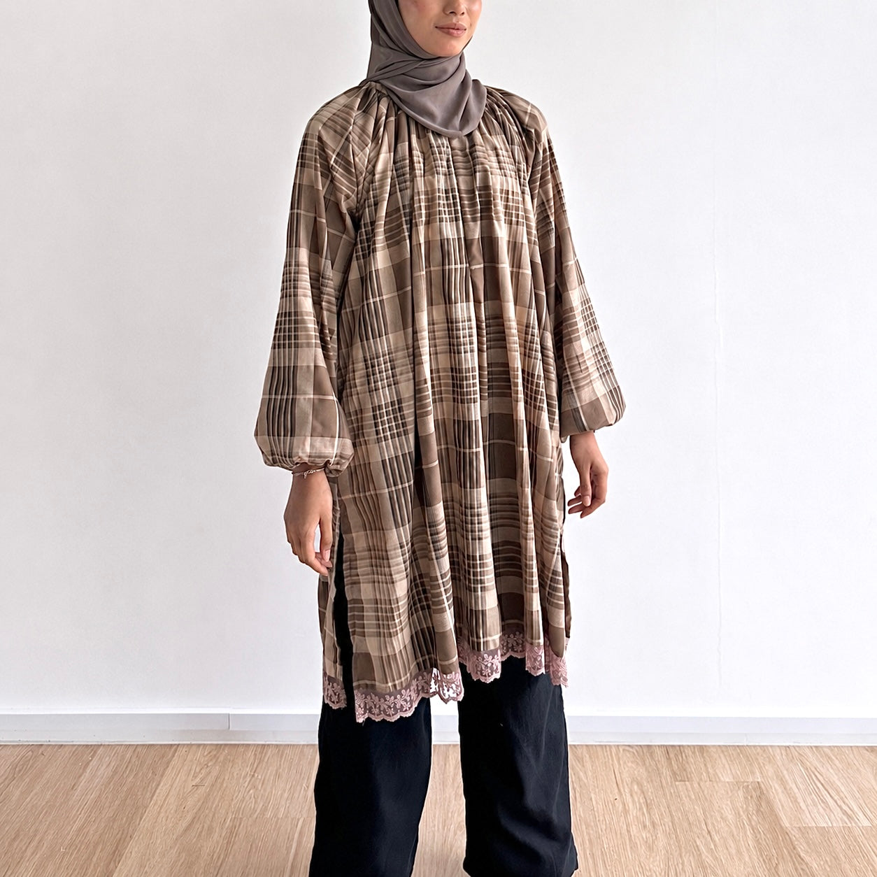 Mara Plaid Lace Hem Tunic