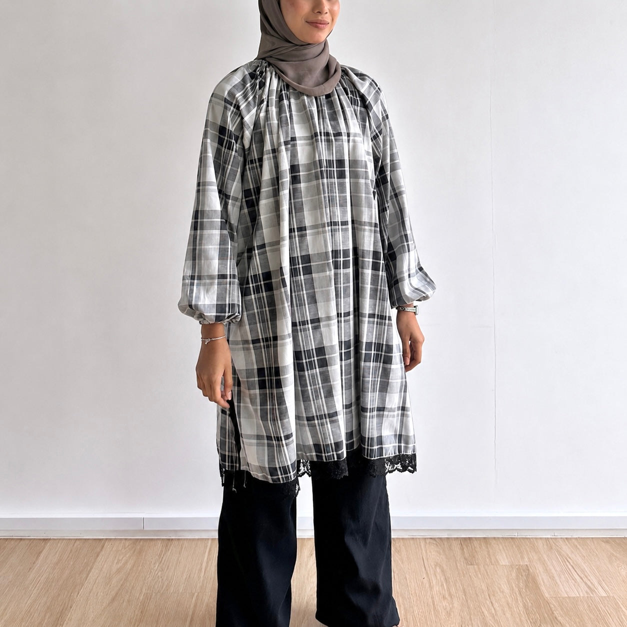 Mara Plaid Lace Hem Tunic