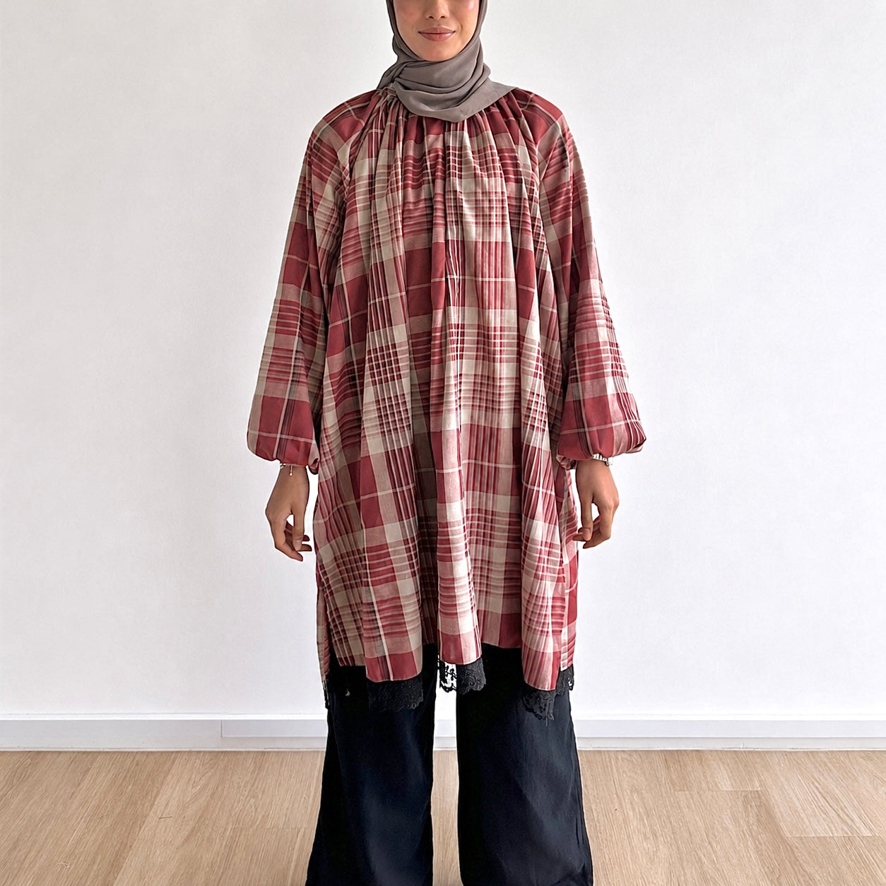 Mara Plaid Lace Hem Tunic