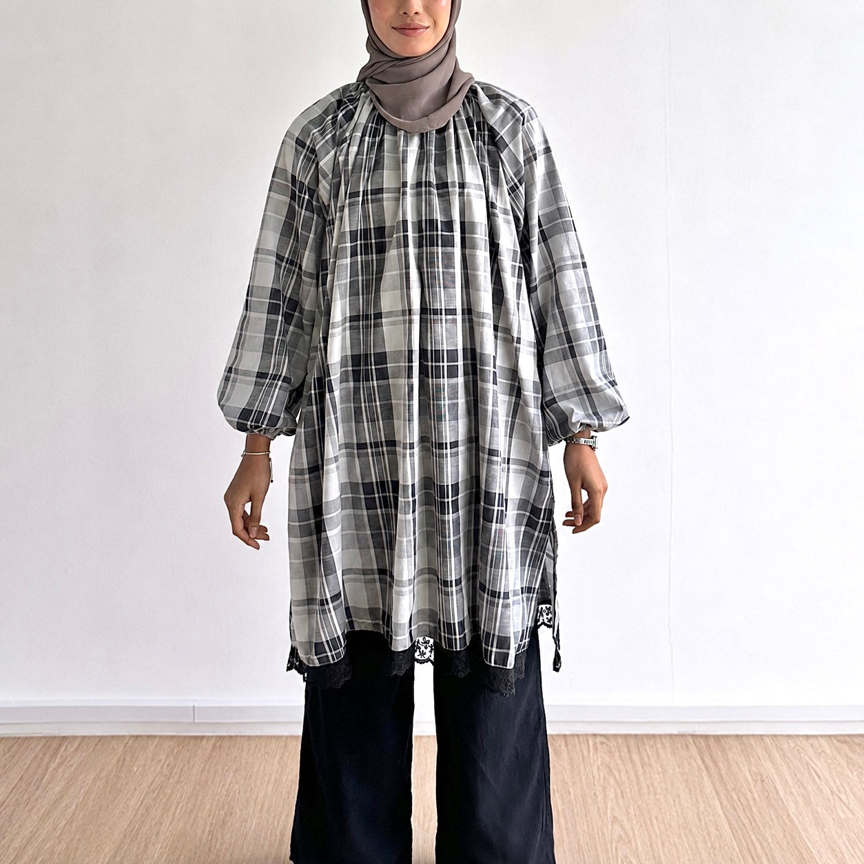 Mara Plaid Lace Hem Tunic