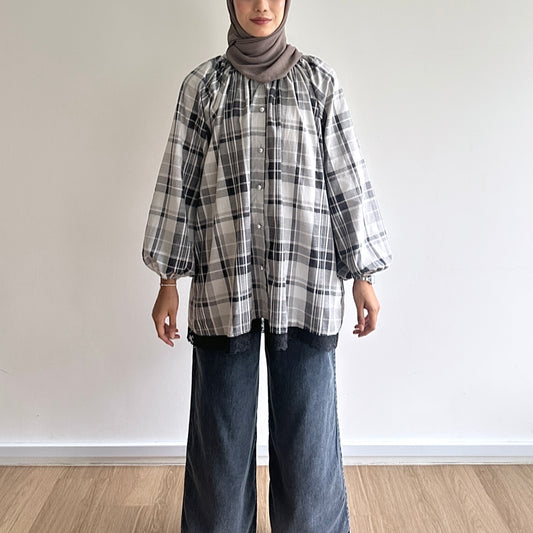 Mara Plaid Lace Hem Blouse