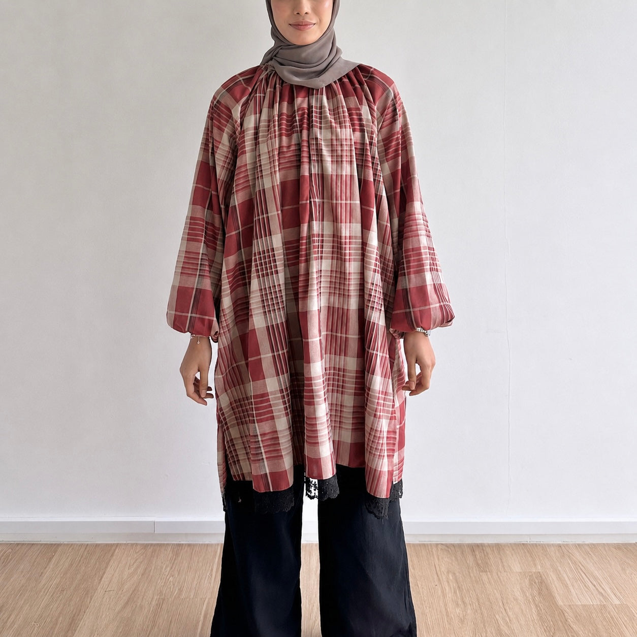 Mara Plaid Lace Hem Tunic
